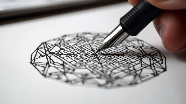 Tracing geometric ink mandala with fountain pen close-up, hand drawing linear pattern