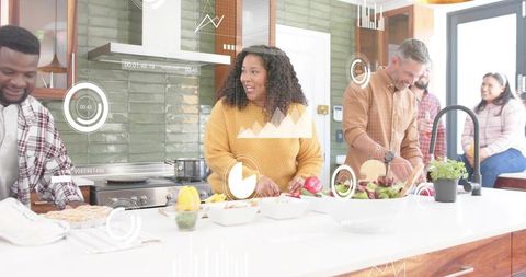Chopping vegetables at kitchen island with friends and hud overlays, modern social cooking