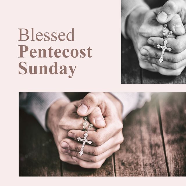 Blessed pentecost sunday text in brown on light pink and caucasian female hands holding crucifix. Whitsun, christian and catholic religious celebration and tradition concept digitally generated image.