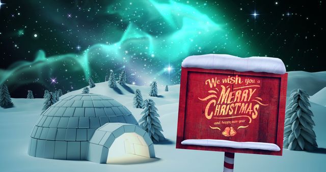 Igloo under sky illuminated by Northern Lights with a greeting sign in foreground wishing Merry Christmas. Perfect for holiday cards, festive advertisements, winter-themed digital backgrounds, and seasonal promotions.