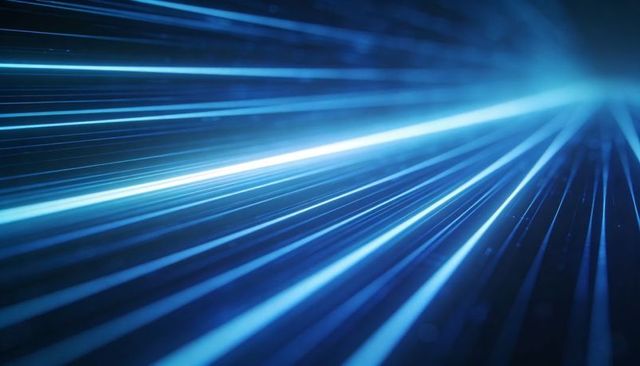 Cyan blue light beams converging toward vanishing point in futuristic speed tunnel