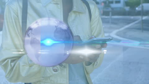 Woman Engaging with Smartphone in Urban Setting with Digital Globe Overlay