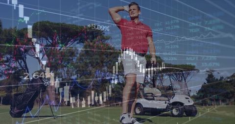 Golfer in Red Polo Overlooking Fairway with Financial Charts Overlay