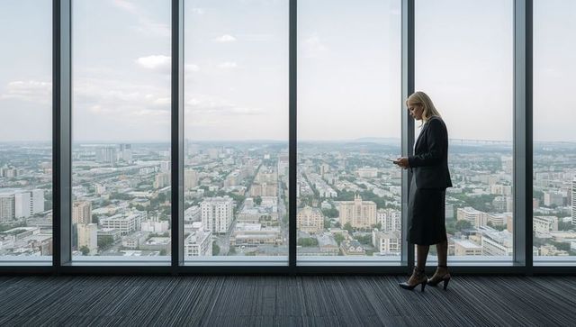 Executive woman standing by high-rise window checking phone with panoramic city skyline