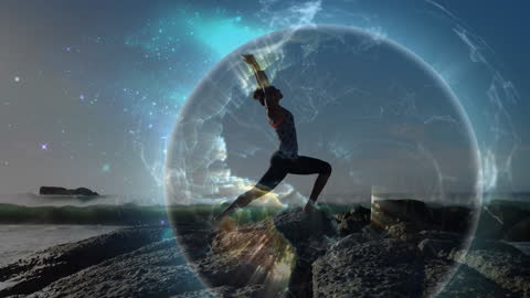 Woman Practicing Yoga with Digital Globe Overlay on Beach at Sunset