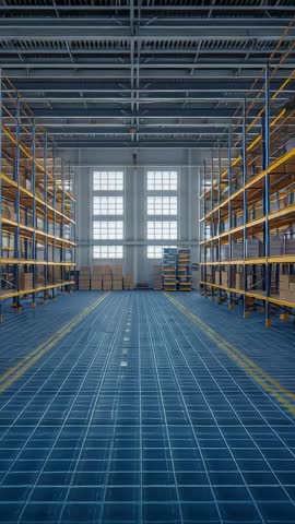 Scanning warehouse aisle with blue grid mapping, vertical racking and pallet layout video