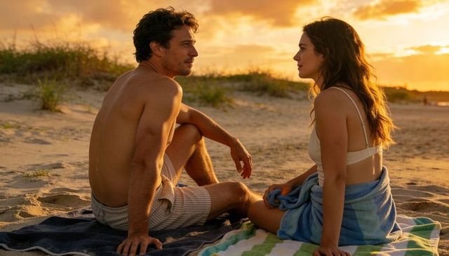 Young couple conversing at golden hour on sandy beach towels, romantic evening