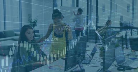 Modern Office Collaboration with Financial Insights Overlay