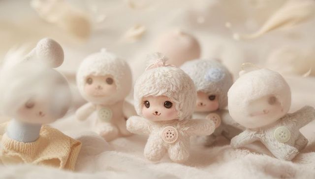 Handmade pastel plush dolls wearing tiny ribbons and button details on cream blanket cozy nursery de