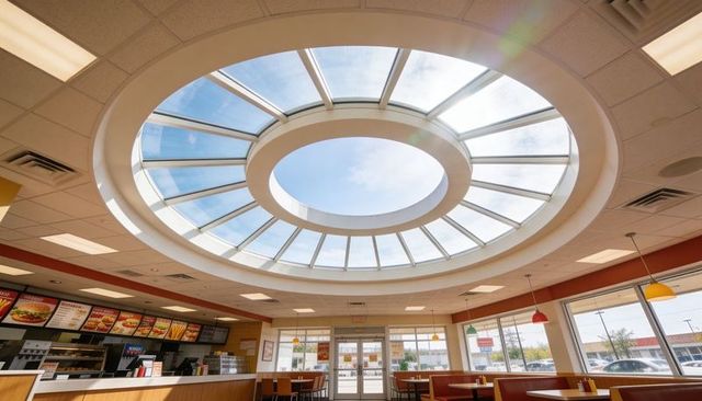 Sunlit circular skylight lighting modern fast-food interior booths menu counter glass dome