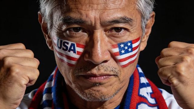 Senior asian man clenching fists showing usa flag face paint and scarf, dramatic portrait