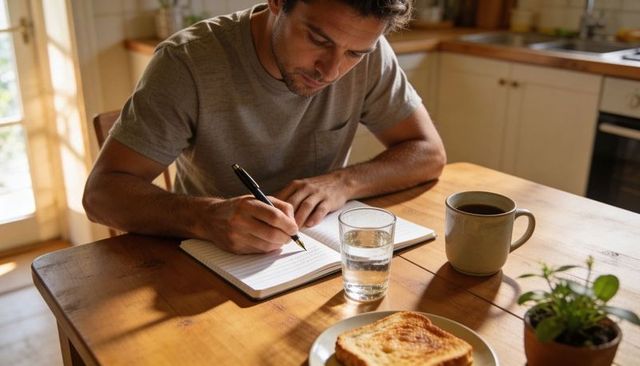 Man journaling at sunlit kitchen table with coffee and toast, focused morning routine