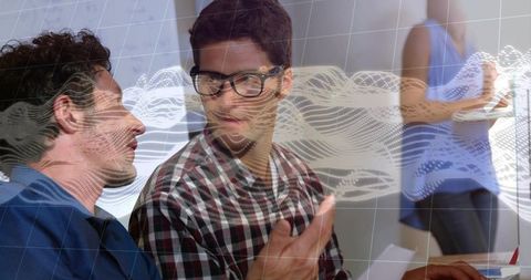 Collaborative team discussing data visualization with augmented waveform overlay