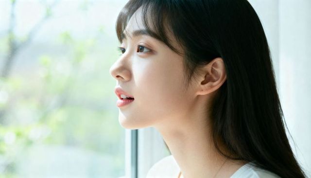 Young asian woman gazing out window catching soft daylight on face natural profile