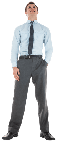 Transparent smiling businessman hands in pockets confident stance
