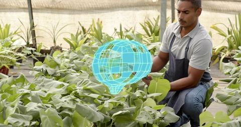 Gardener with holographic globe in greenhouse embracing modern horticulture