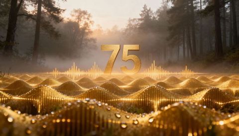 Glowing gold 75 hovering over digital waveform in misty pine forest with dewy waves