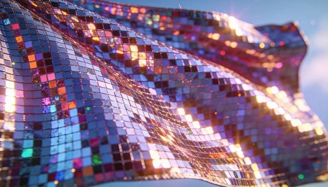 Waving iridescent sequin mosaic fabric reflecting sunlight with sparkling checkerboard tiles