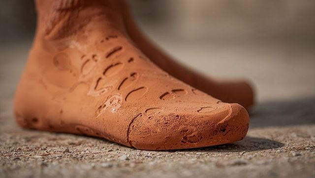 Terracotta-coated bare feet on rough pavement with fingerprint texture and granular detail