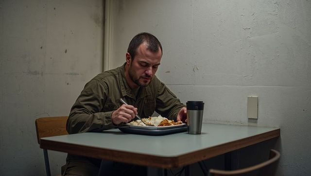 Solitary man in military jacket eating at institutional breakroom table with travel mug
