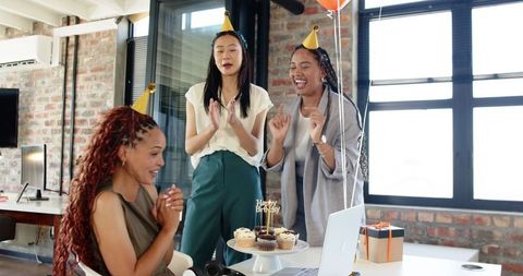 Diverse Colleagues Celebrating Birthday at Modern Office