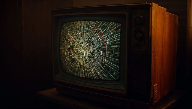 Retro CRT TV with Radial Glitch Pattern in Vintage Room