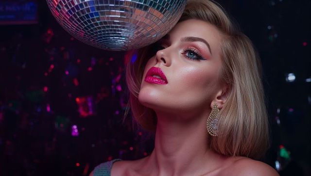 Glamorous woman with disco ball and sparkling earrings at nightclub