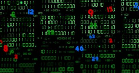Streaming binary matrix with floating colored markers for data visualization and cybersecurity