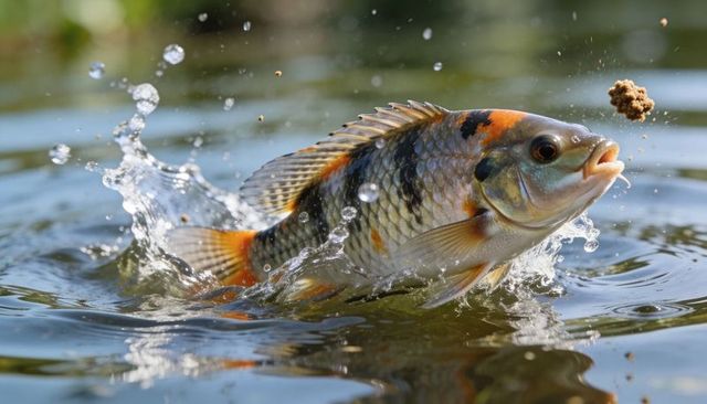 Leaping carp snapping at bait pellet over sunlit pond with water splash and droplets
