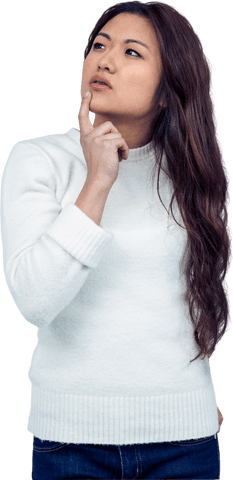 Thoughtful Asian Woman with Finger on Chin Transparent Background