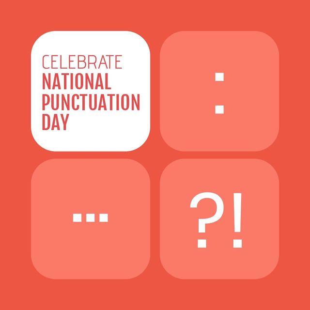Celebrate the importance of punctuation with this vibrant and stylish typography art. This design features prominent punctuation marks on a pink background, perfect for educational campaigns, social media posts, or classroom decorations. Highlight National Punctuation Day and emphasize the critical role grammar plays in effective communication.
