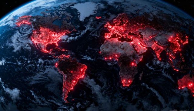 Earth from Low Orbit Showing Global Red Hotspots and Urban Nightlight Network Density