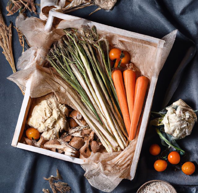A wooden box filled with fresh, organic vegetables and ingredients including carrots, mushrooms, cherry tomatoes, and leafy greens. Perfect for illustrating food blogs, healthy eating articles, gourmet cooking websites, or farm-to-table restaurant promotions.