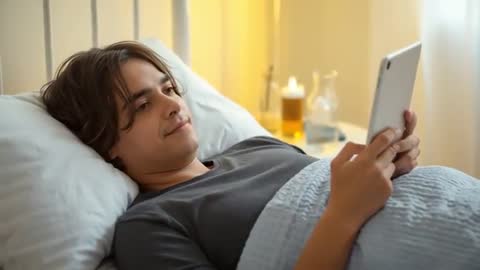Young man reclining in bed scrolling tablet and relaxing under blue blanket at night
