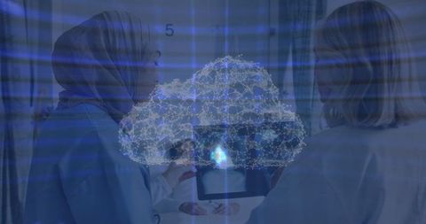 Doctors Discussing Data with Cloud Hologram Overlay