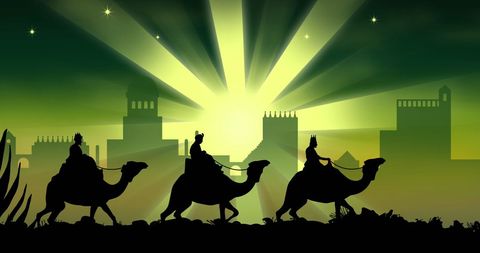 Silhouette of Three Wise Men Journeying Over Cityscape at Dusk - Download Free Stock Images Pikwizard.com
