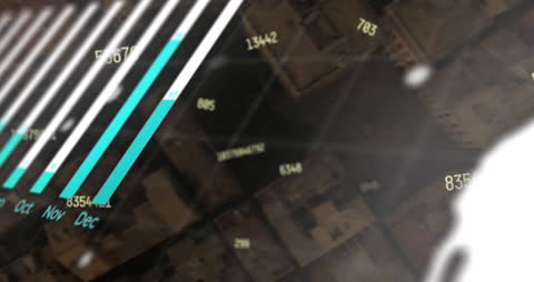 Dynamic Financial Data Processing Over Cityscape Animation