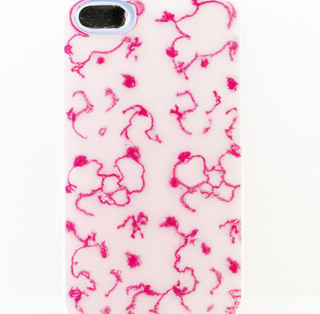 Close-up image of a smartphone case featuring a shiny, abstract pink pattern. Perfect for showcasing modern and trendy phone accessories or promoting smartphone protection with an artistic flair. Can be used in websites selling phone cases, tech gadgets, or fashion accessories.