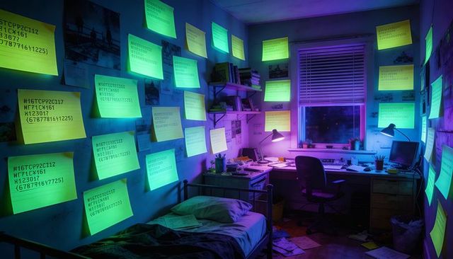 Neon note investigation room with glowing sticky notes, cluttered desk, metal bed, moody glow