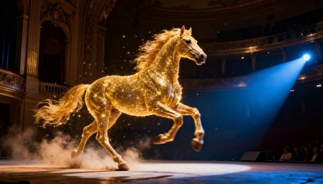 Golden glitter horse galloping across ornate theater stage under dramatic blue spotlight