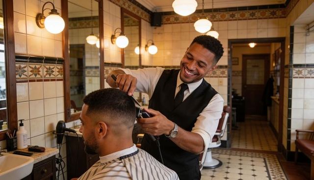 Smiling barber trimming client fade haircut in vintage tiled barbershop interior