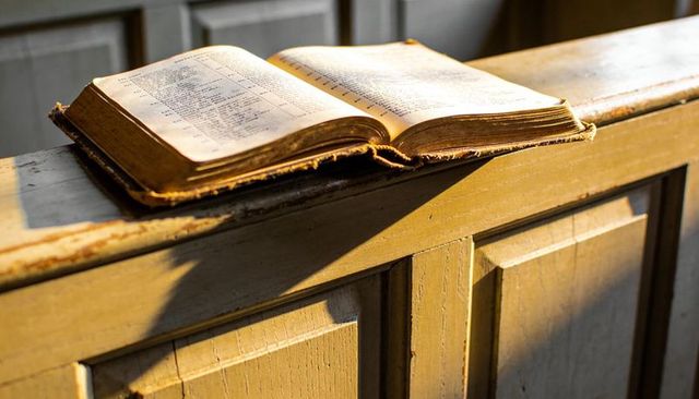Sunlit antique hymnal open on weathered church pew with gilded edges and two-column text