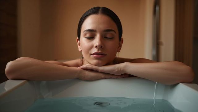 Woman relaxing in bathtub with eyes closed, minimalist calm bathroom portrait