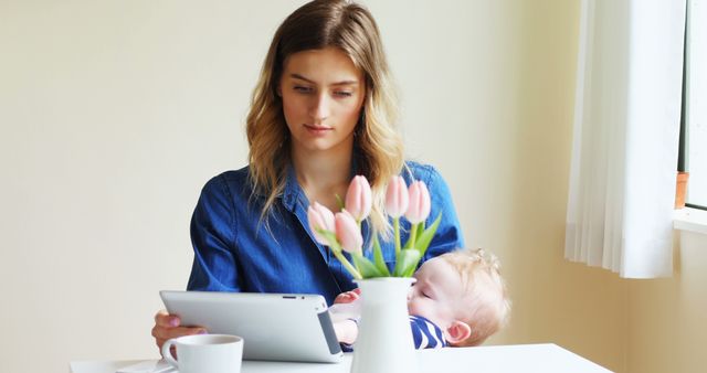 Young Mother Working on Tablet While Holding Sleeping Baby - Download Free Stock Images Pikwizard.com