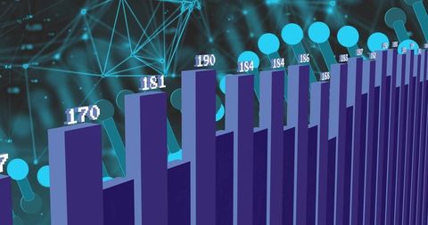 3D Violet Bar Chart with Data Analytics and Network Visualization