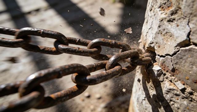 Pulling rusty chain straining cracked concrete bollard with flying debris and dust