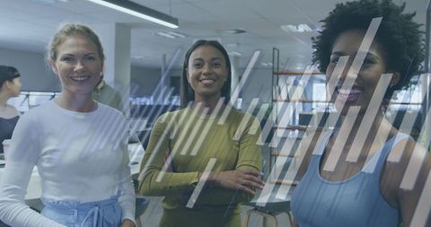Diverse group of business professionals having a meeting in a modern office. Graphs and charts overlay suggest data analysis or financial planning focus. Useful for illustrating corporate teamwork, diversity in business, financial technology advancements, or global business strategies.