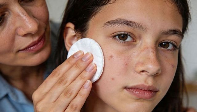 Mother cleansing teen girl's face with cotton pad, freckles and acne closeup