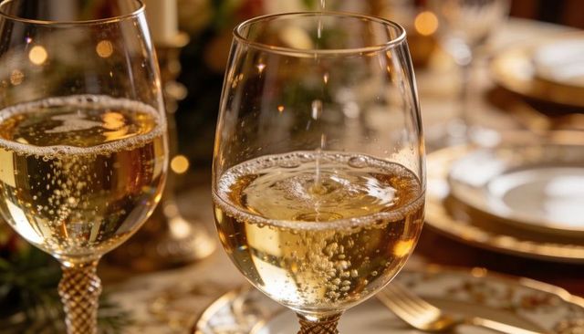 Pouring sparkling wine into crystal goblets with gold stems for festive dinner