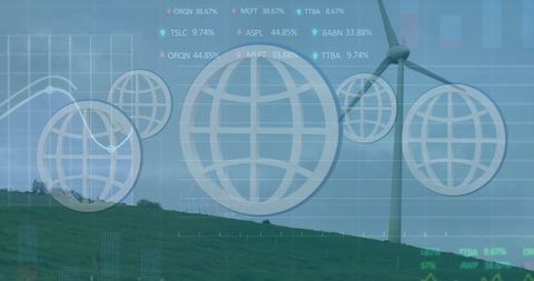 Wind turbine on green hill with financial technology overlays